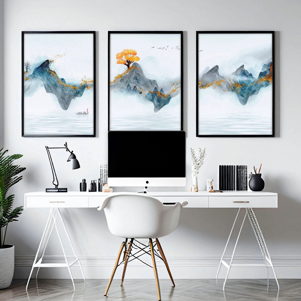 Set di 3 Stampe Zen per Ufficio | Paesaggio Giapponese in Grigio, Teal e Oro