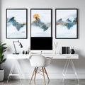 Set di 3 Stampe Zen per Ufficio | Paesaggio Giapponese in Grigio, Teal e Oro